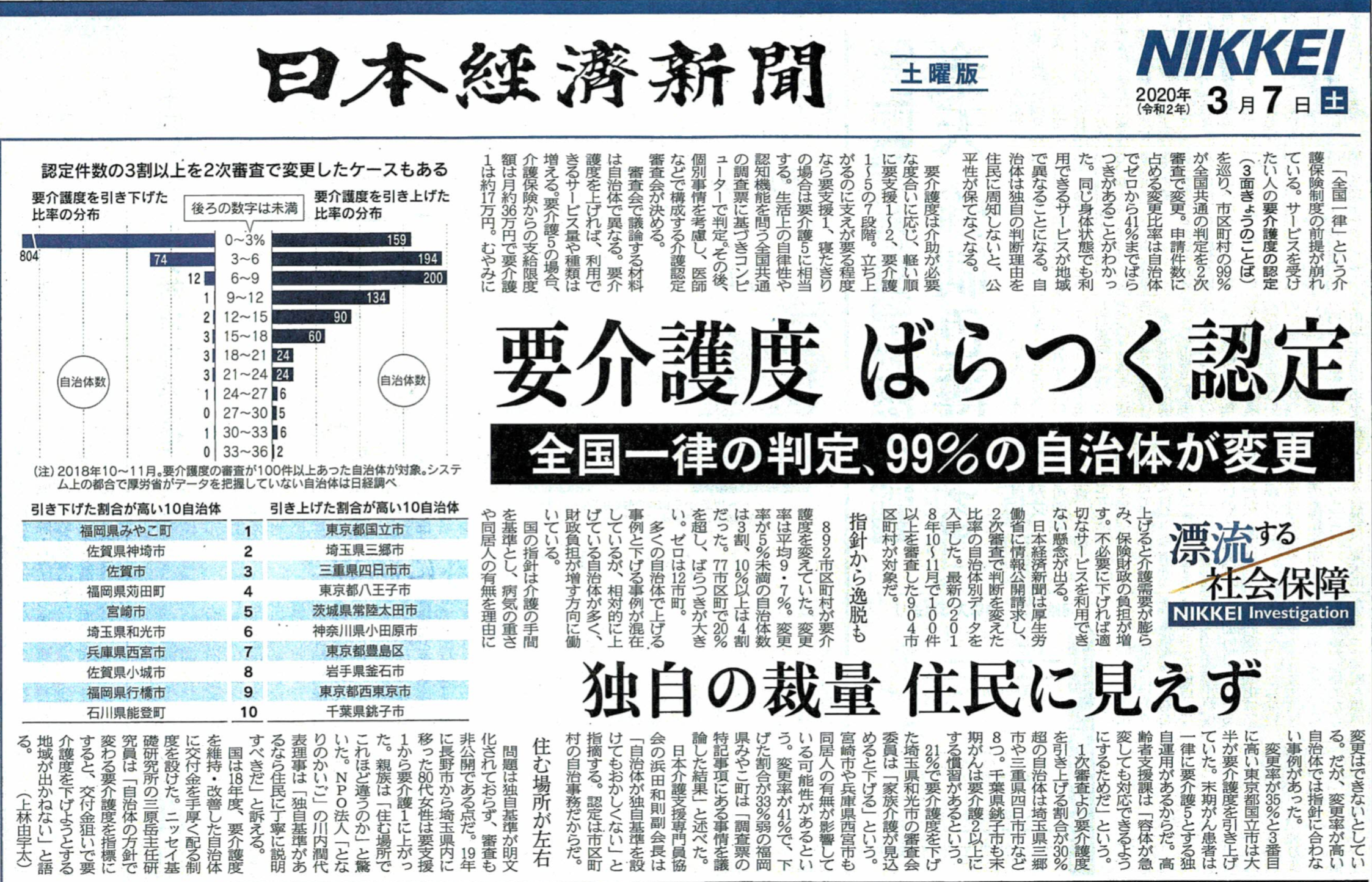 日経新聞『要介護 ばらつく認定』