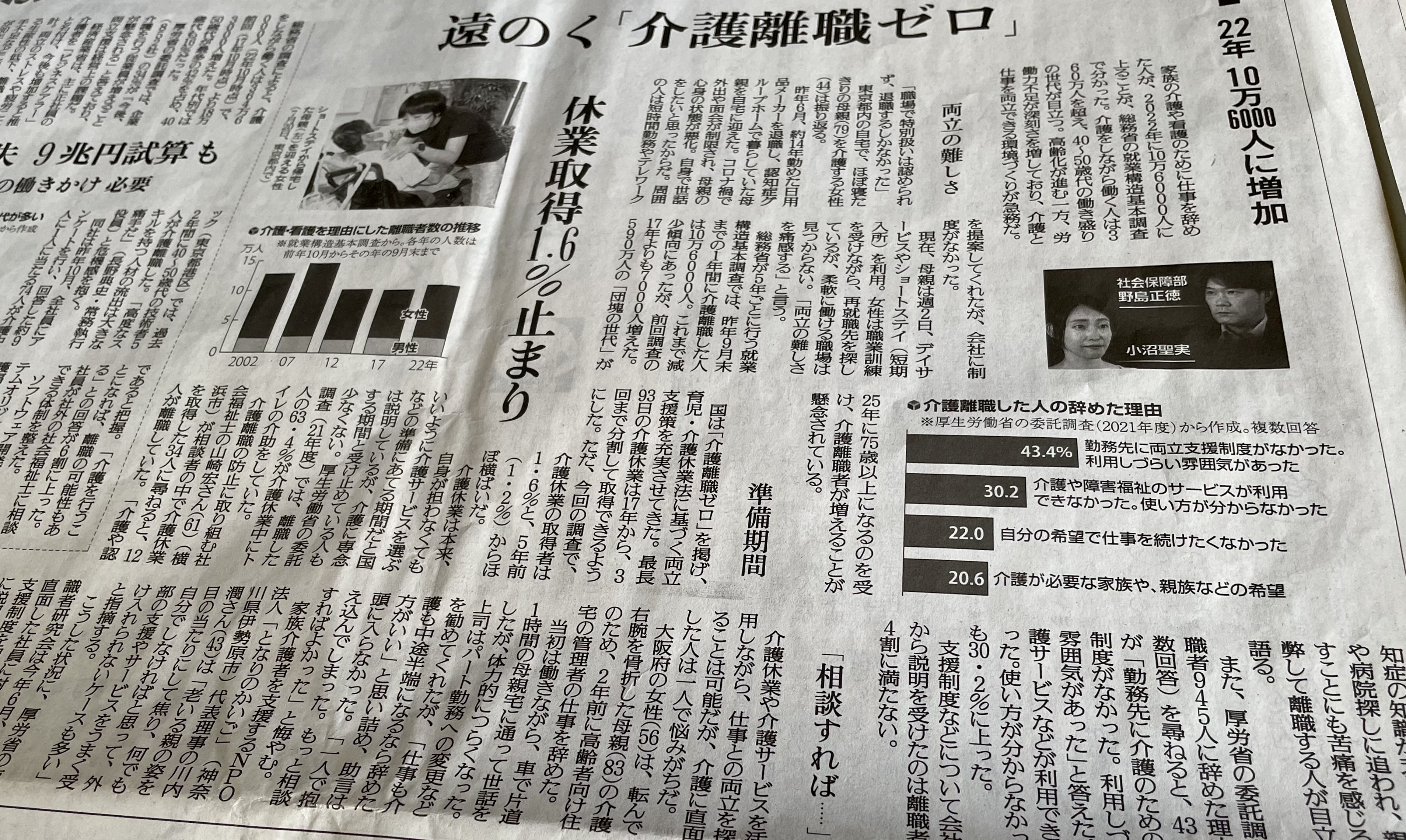 読売新聞『遠のく「介護離職ゼロ」…２２年　１０万６０００人に増加』